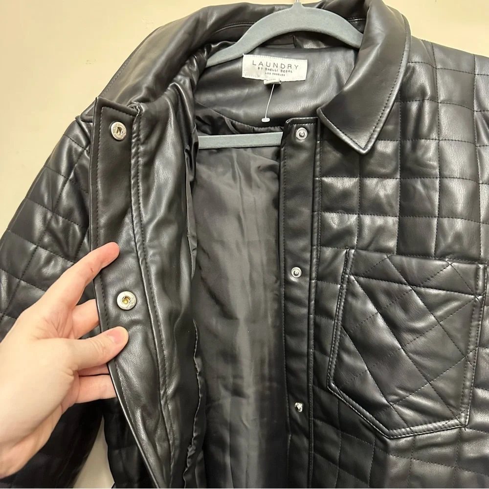 Laundry by Shelli Segal Quilted Faux Leather Tie Waist Button Up Jacket Coat - Picture 6 of 7